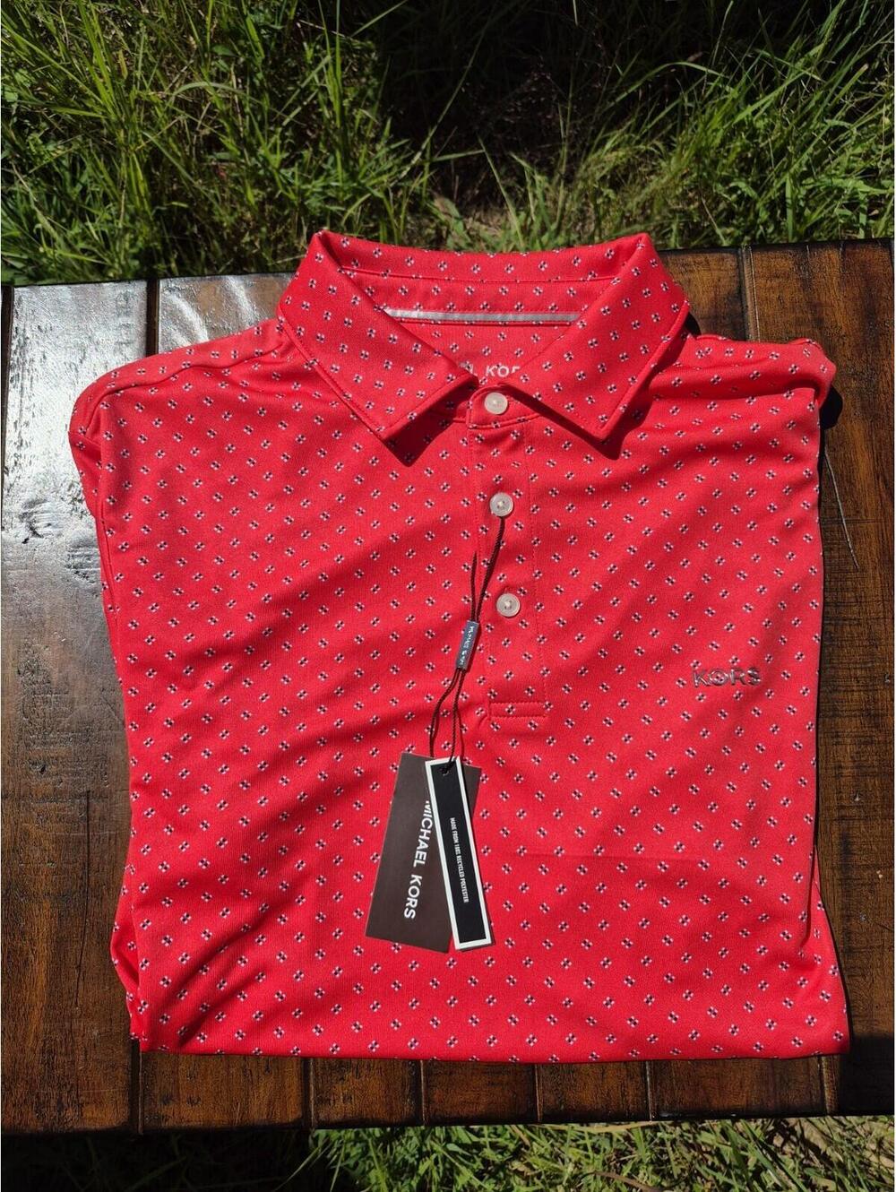 Michael Kors polo shirt red print medium M stretch light performance $118 MK NEW